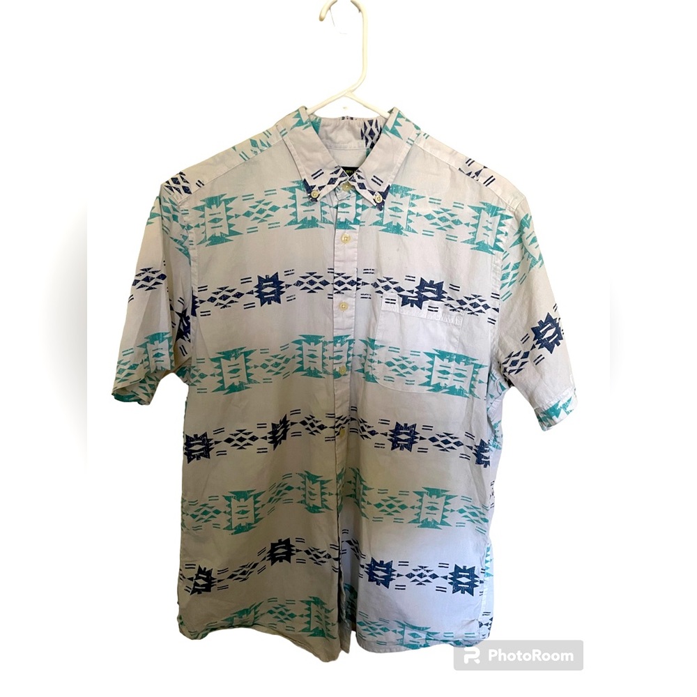 Men’s Medium John Bartlett White Button Down Short Sleeve Shirt with Blue Print